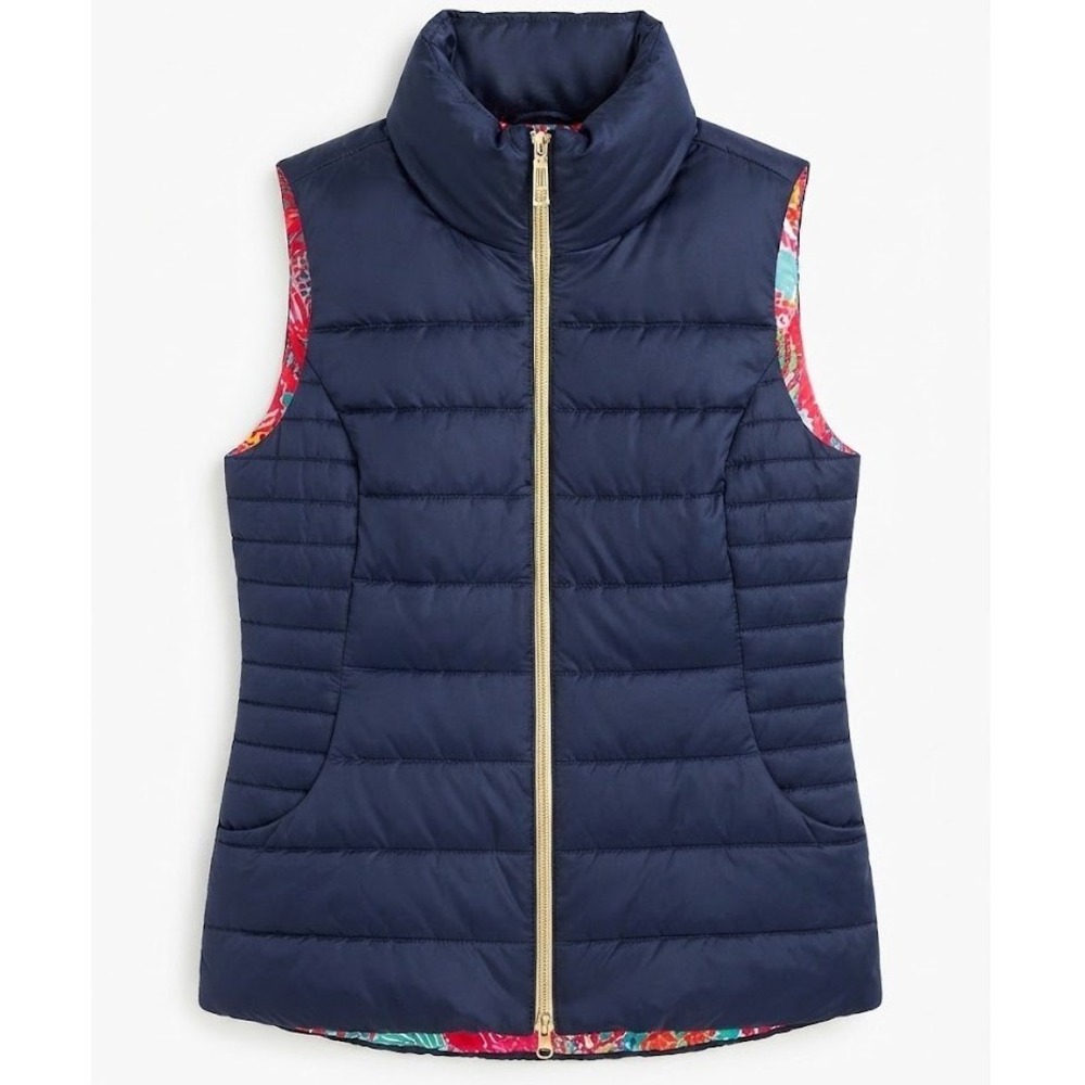Lilly Pulitzer Navy Blue Quilted Down Puffer Vest Floral Gold Zip Medium - CJ
